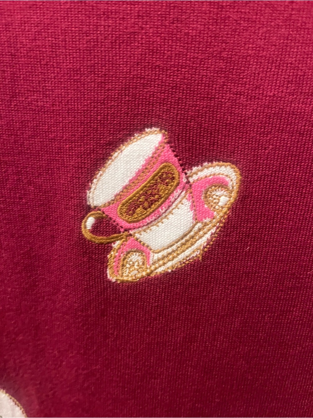 Talbots Women’s Medium Burgundy Tea Cup Embroidered Novelty Sweater Long Sleeve - Picture 4 of 11